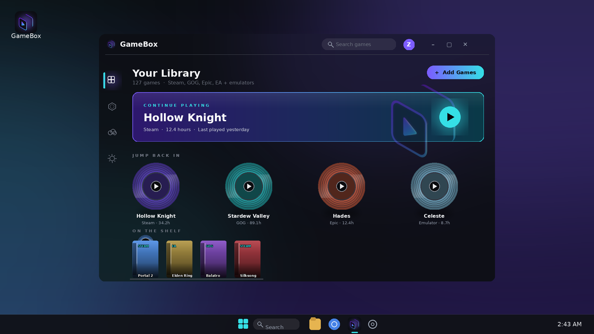GameBox desktop app showing the Jump Back In game discs and On the Shelf game cases